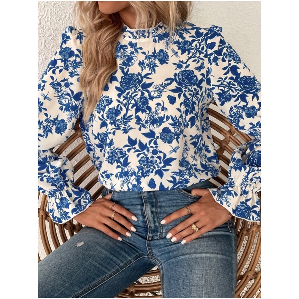 Boho Floral Print Ruffle Sleeve Blouse - Picture 5 of 8